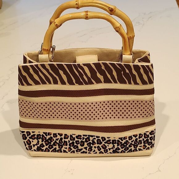 Alexandra Bartlett Bamboo Handle Striped Animal Print Small Tote Hand Bag - Picture 3 of 10